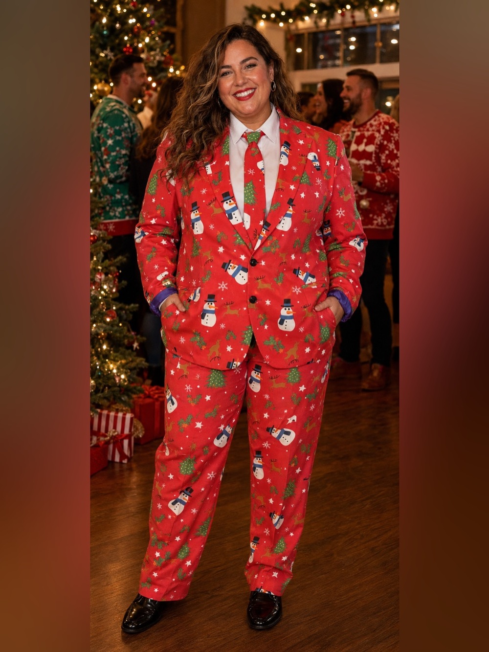 Red Christmas Snowman Print Men's Suit & Tie